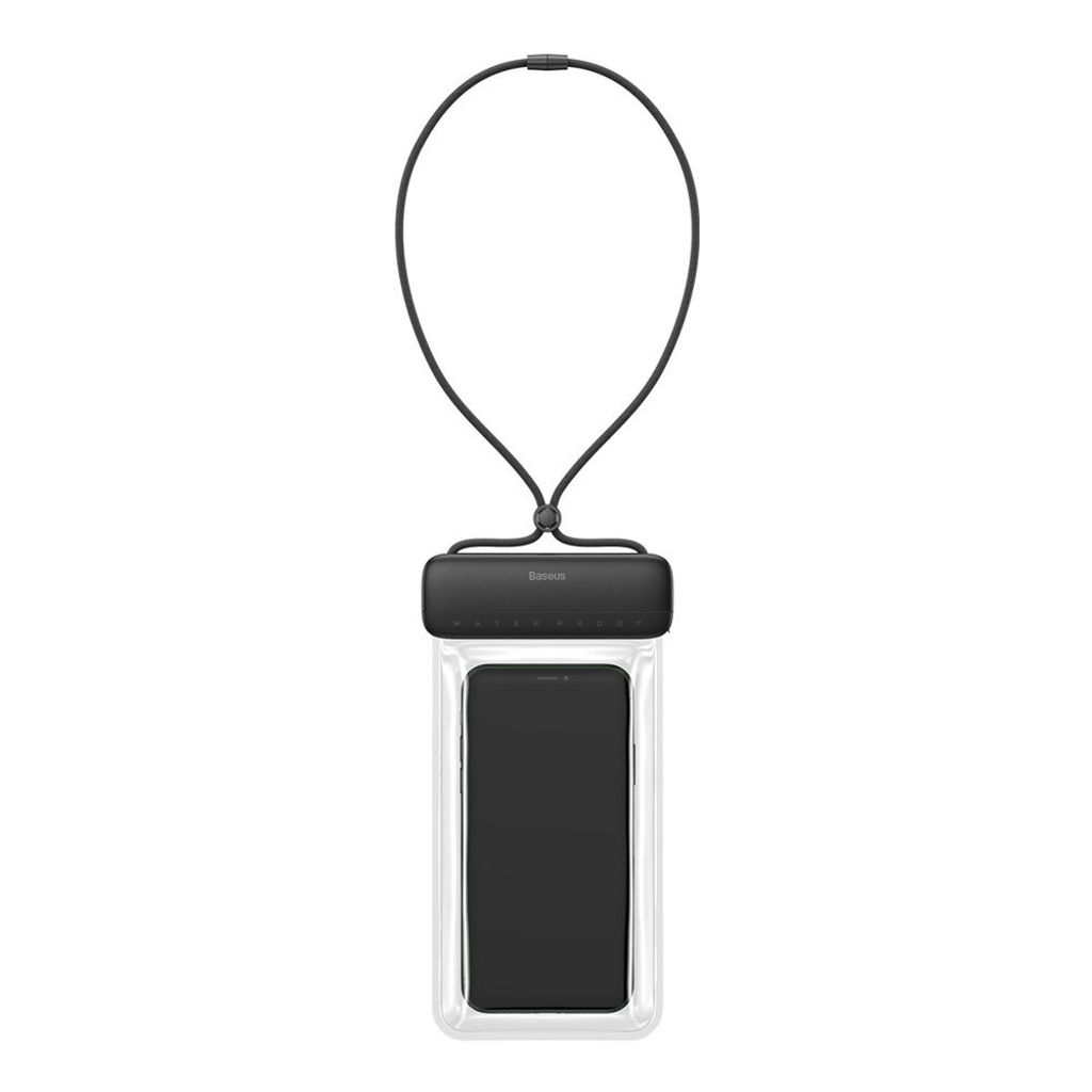 A black and clear waterproof phone pouch with a lanyard, containing a black smartphone.