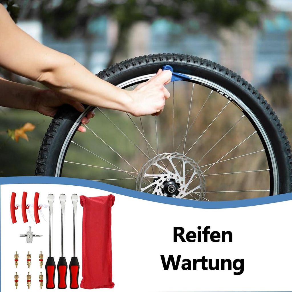 Montagewerkzeug für Reifen: 3 Reifenhebel, 2 Felgenschoner, 6 Ventilkernen, 1 Kreuzschlüssel mit Aufbewahrungstasche für Motorrad und Fahrrad