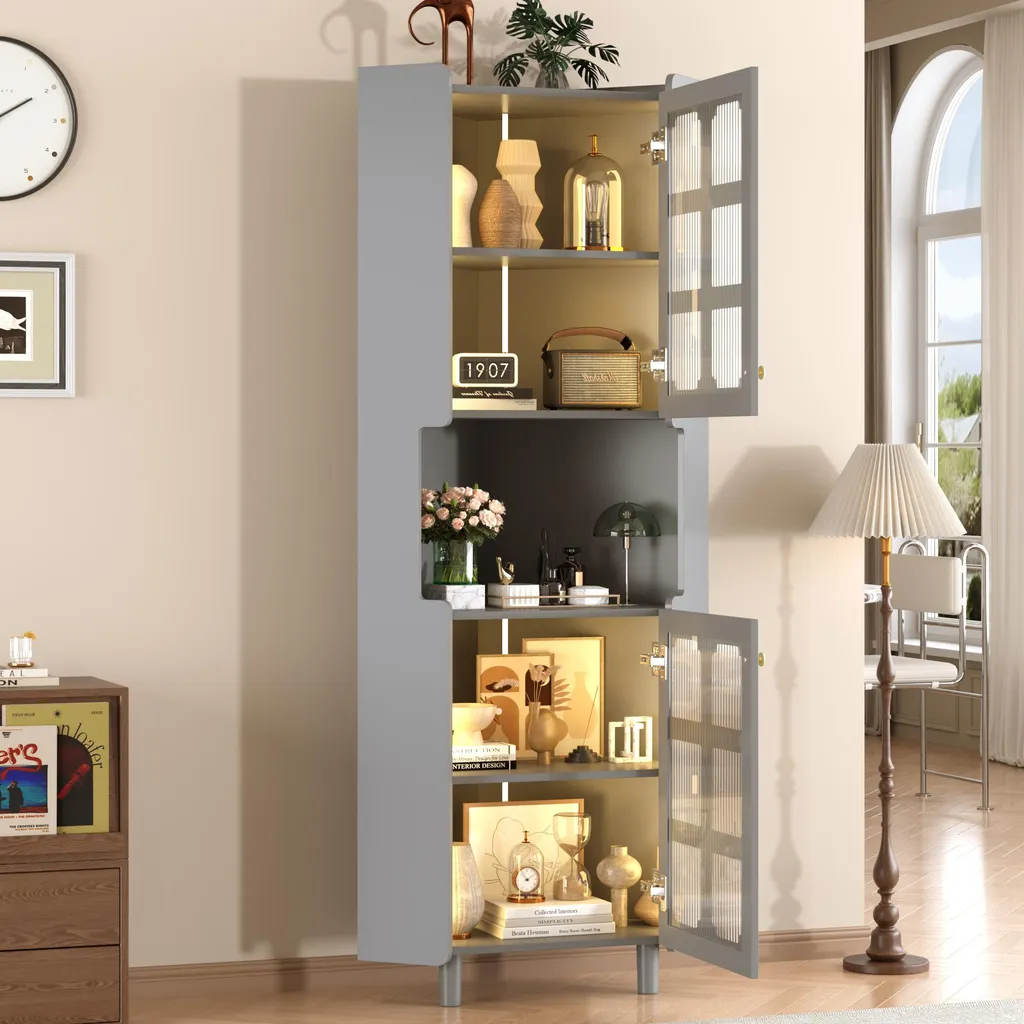 Vitrine de Salle de Bain Grise avec Rangement Ouvert et Éclairage LED