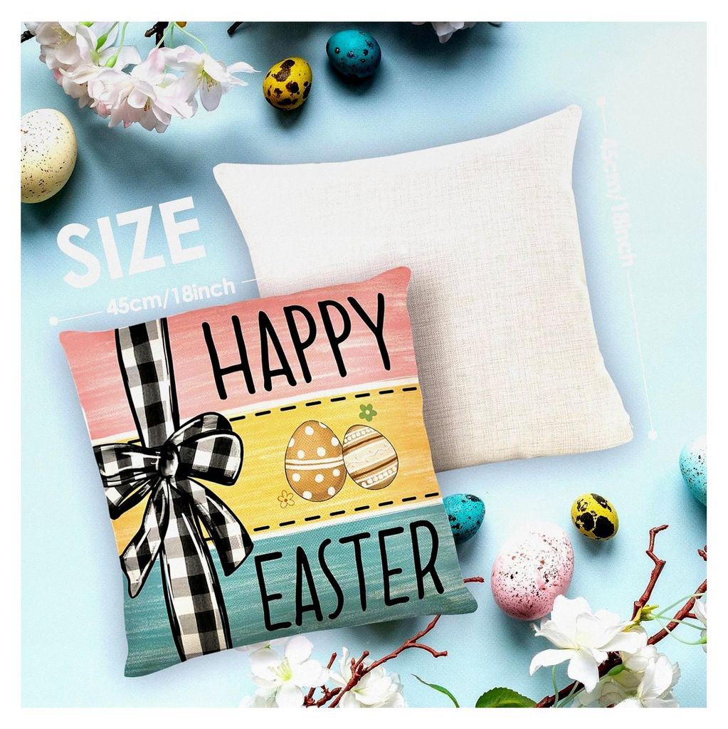 4 Stück Zierkissenbezüge für Ostern, Kissenbezüge mit Bunny und Osterei-Motiv aus Leinen mit unsichtbarem Reißverschluss, weich und strapazier...