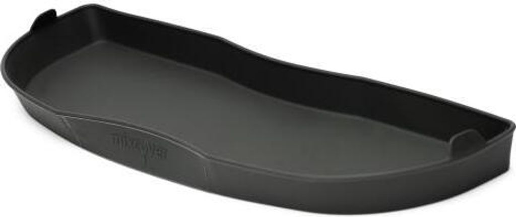 A black plastic tray with slightly raised edges and a curved shape, displayed against a white background.