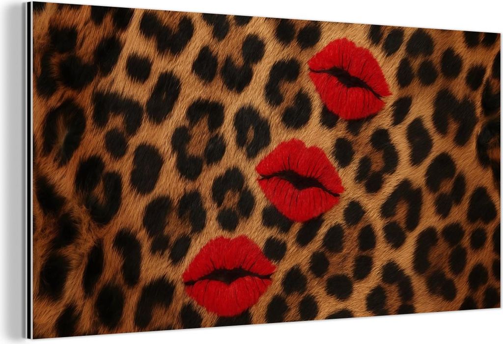 MuchoWow Wanddekoration Metall Metallbild Wandkunst 120x60 cm Lippen - Drei - Rot - Pantherdruck MuchoWow Aluminium Gemälde - Metalbilder