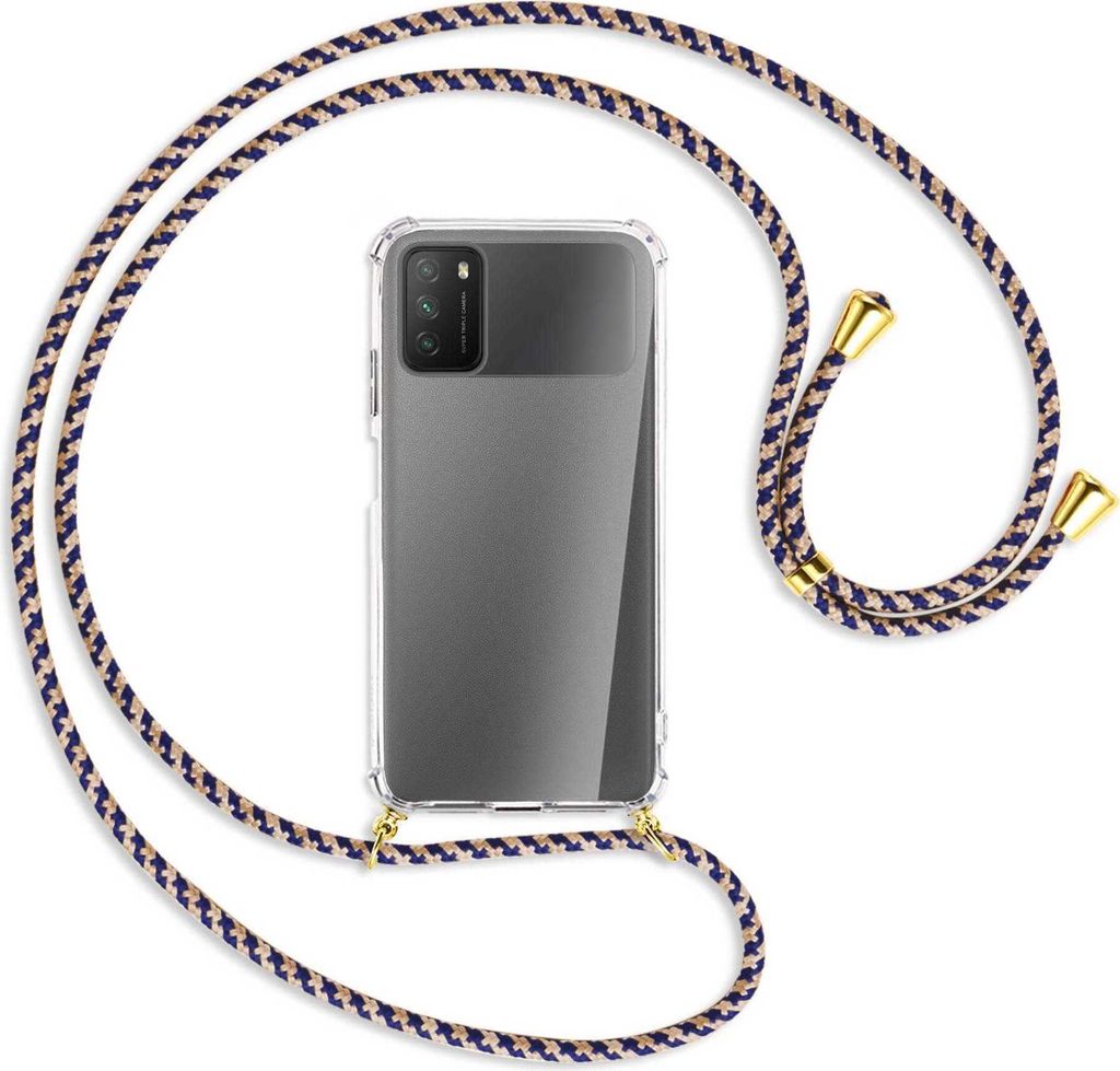 Handykette Backcover-Schutzhülle mit Band (Metall goldfarben) für Xiaomi Poco M3 - blau+beige