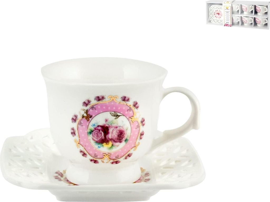Royal Norfolk 725388 Kaffeetassen-Set, Porzellan, rosa Blumendekor, mit Untertasse, 6 Stück