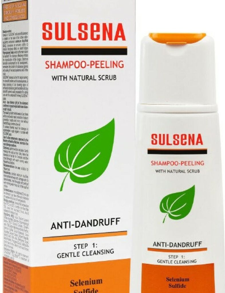 A product shot of SULSENA Anti-Dandruff Shampoo-Peeling with a box and bottle shown side-by-side.