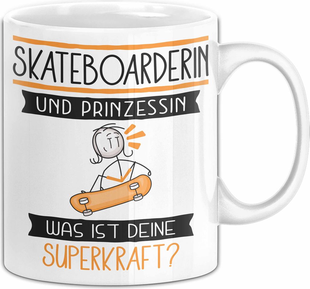 Skateboarderin Und Prinzessin Tasse Geschenk Für Eine Skateboarderin Geburtstag Was Ist Deine Superkraft (Weiß)