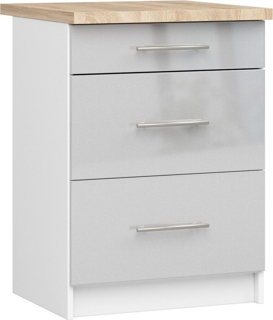 Küchenunterschrank – Unterschrank mit 3 Schubladen S60 3S – OLIWIA – Metallic Hochglanz – Modern, praktisch und stilvoll mit Arbeitsplatte