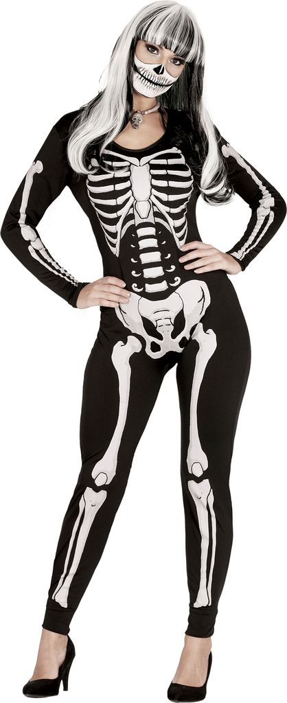 A woman wearing a skeleton costume.