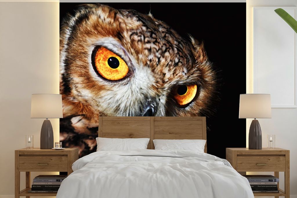 MuchoWow Fototapete für Wohnzimmer oder Schlafzimmer Wandtapete Vinyl Motivtapete Eule - Schwarz - Gelb - 220x220 cm - Tapeten