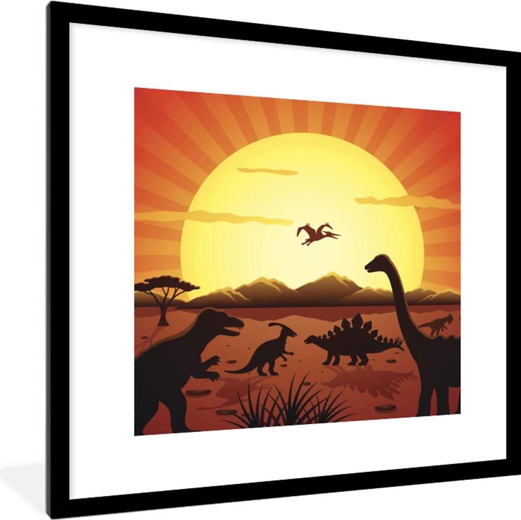 MuchoWow Gerahmtes Poster Dino - Sonne - Natur - Zeichnung - Kinder - Jungen 40x40 cm - Poster mit Schwarzem Bilderrahmen Wandposter Rahmen Foto ...