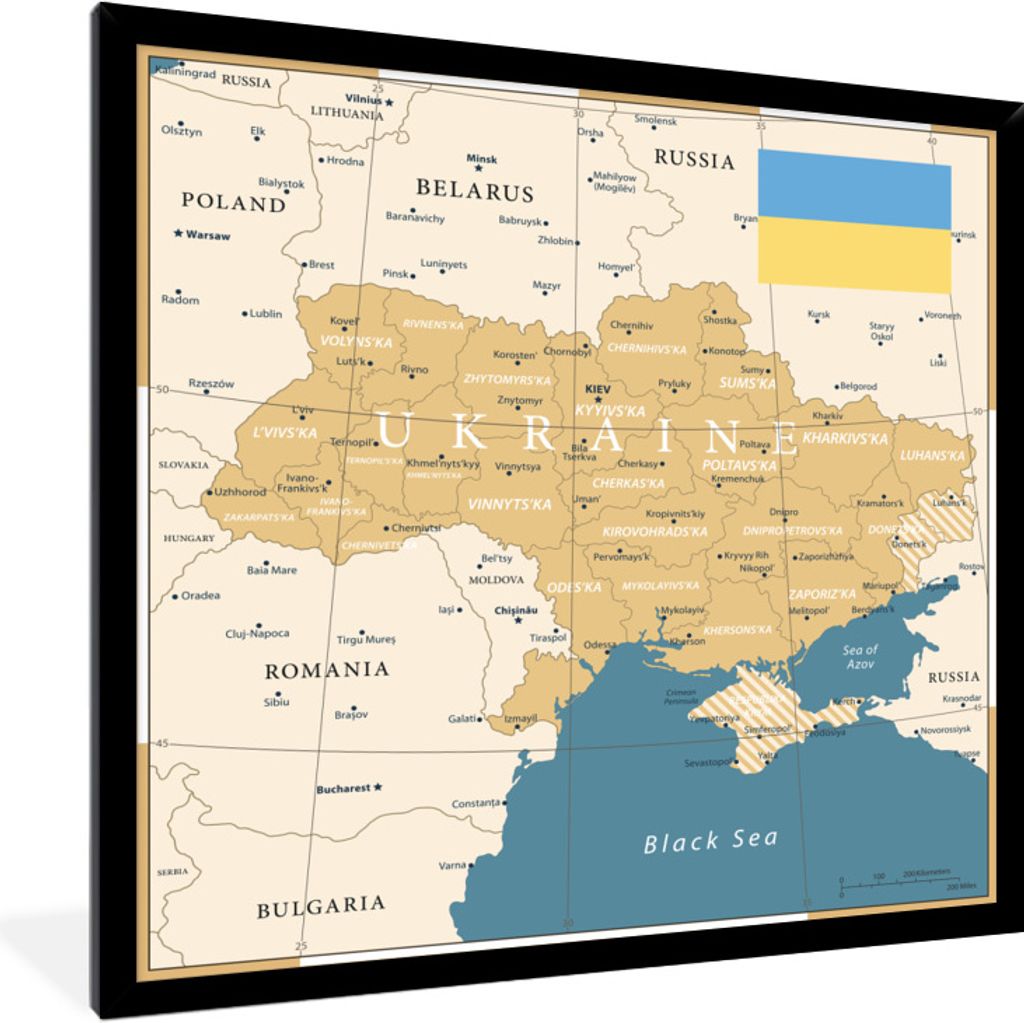 MuchoWow Gerahmtes Poster Illustration einer Karte der Ukraine mit der Flagge 40x40 cm - Poster mit Schwarzem Bilderrahmen Wandposter Rahmen Foto...