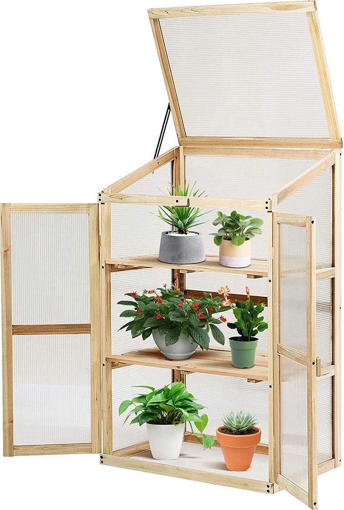 Frühbeet Mini-Gewaechshaus, Frühbettkasten Treibhaus Holzrahmen, Bettkasten mit geneigtem Dach, Gewaechshaus Pflanzenbeet für Garten Balkon (60x...