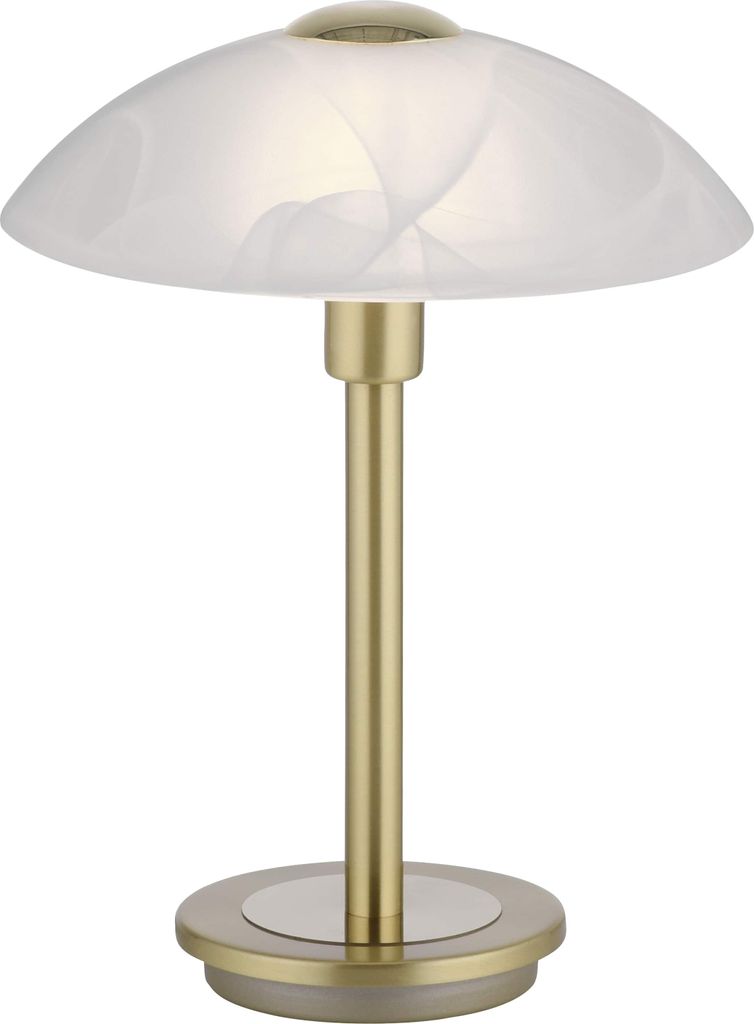 A table lamp with a white, swirled glass shade and a gold-colored stem and base.