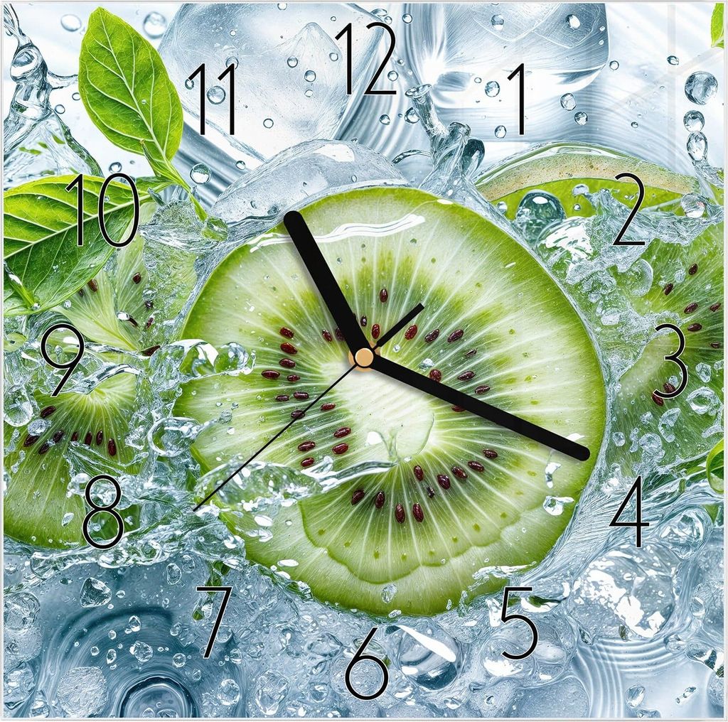 Wanduhr aus Glas mit Motiv Frische Kiwi Splashes- 30 x 30 cm - inkl. Aufhängesystem