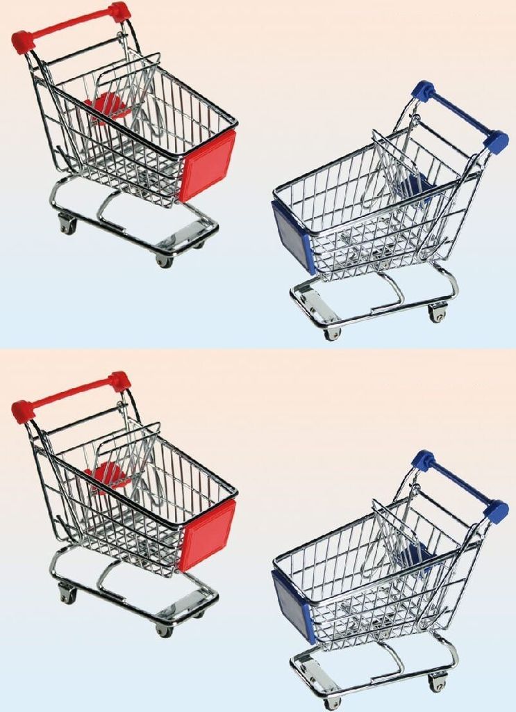 Four mini shopping carts, two with red handles and two with blue handles, arranged in a two-by-two grid against a gradient background.