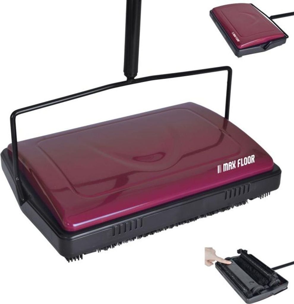 A mechanical floor sweeper is shown from a slightly elevated angle against a white background. Inset images show a close-up of the top and a hand demonstrating how to open a compartment.