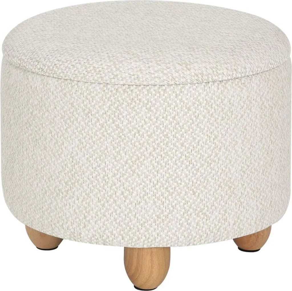 Tabouret Coffre de Rangement Rond en Tissu Crème Happyment 39 cm Diam