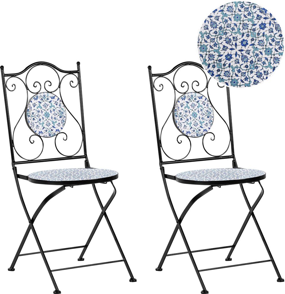 BELIANI Gartenstuhl 2er Set Schwarz u. Blau Eisen Keramik Mosaik Französisch Romantisch Klappbar Platzsparend Garten Outdoor Terrasse Ausstattung ...