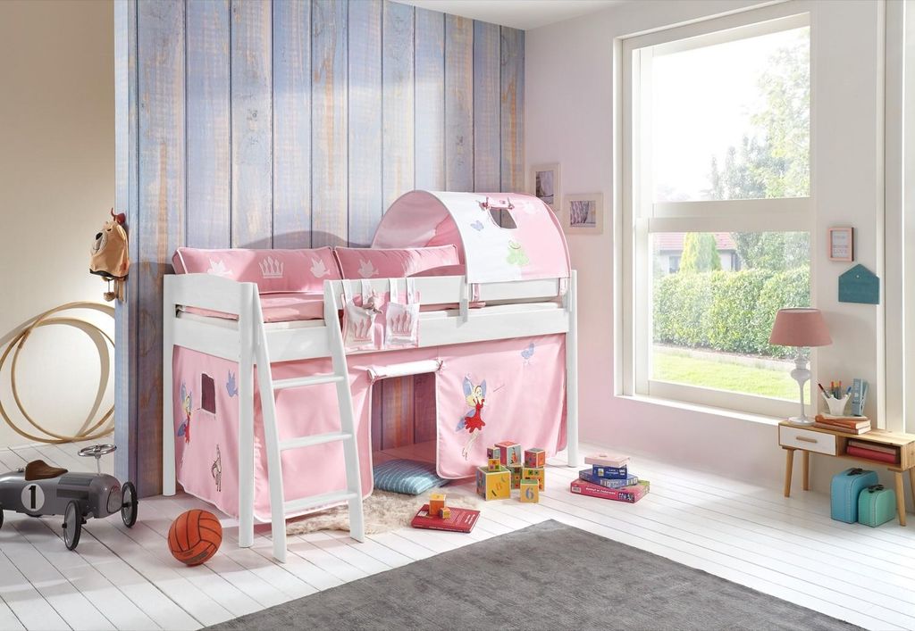 Halbhohes Einzelbett Mischelle Buche massiv Weiß lackiert 90x200 mit Textilset
