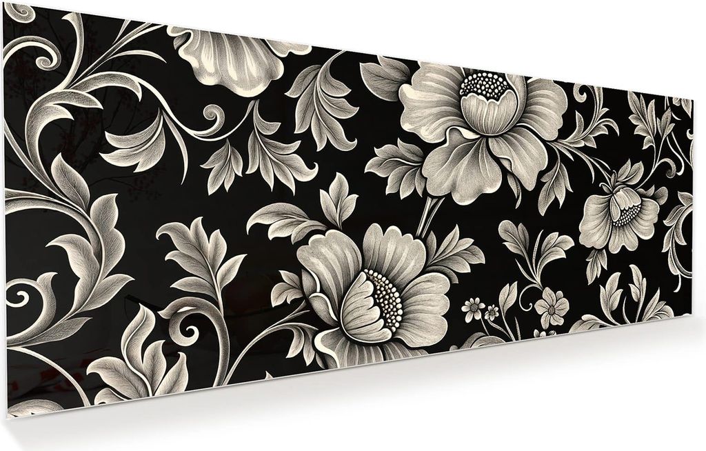 Glasbild 100x40cm in XXL für Wohnzimmer, Schlafzimmer Motiv Blumenmuster Schwarz