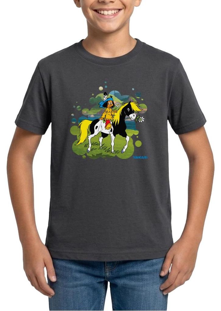 Spreadshirt Yakari Reitet Aus Auf Pferd Kleiner Donner Teenager T-Shirt, 134/146 (9-11 Jahre), Dunkelgrau