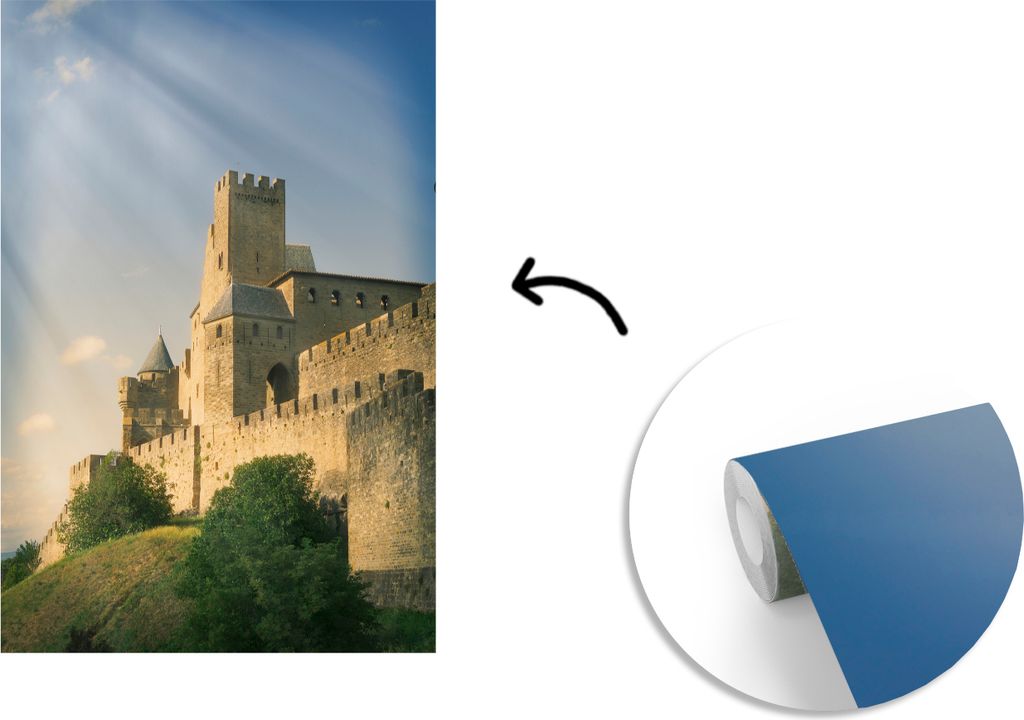 MuchoWow Fototapete für Wohnzimmer oder Schlafzimmer Wandtapete Vinyl Motivtapete Carcassonne - Sonne - Schloss - 190x280 cm - Küche