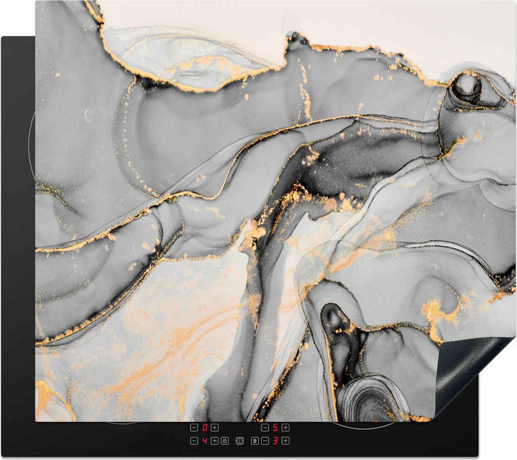 KitchenYeah Herdabdeckplatte Marmor - Gold - Grau , 59x52cm, Küche Deko, Glaskeramikkochfeld Herdabdeckung, Abdeckplatte fùr Kochfeld