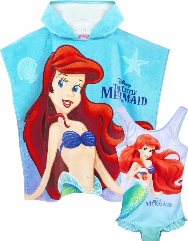 Ensemble plage fille La Petite Sirène avec maillot de bain et poncho bleu 104