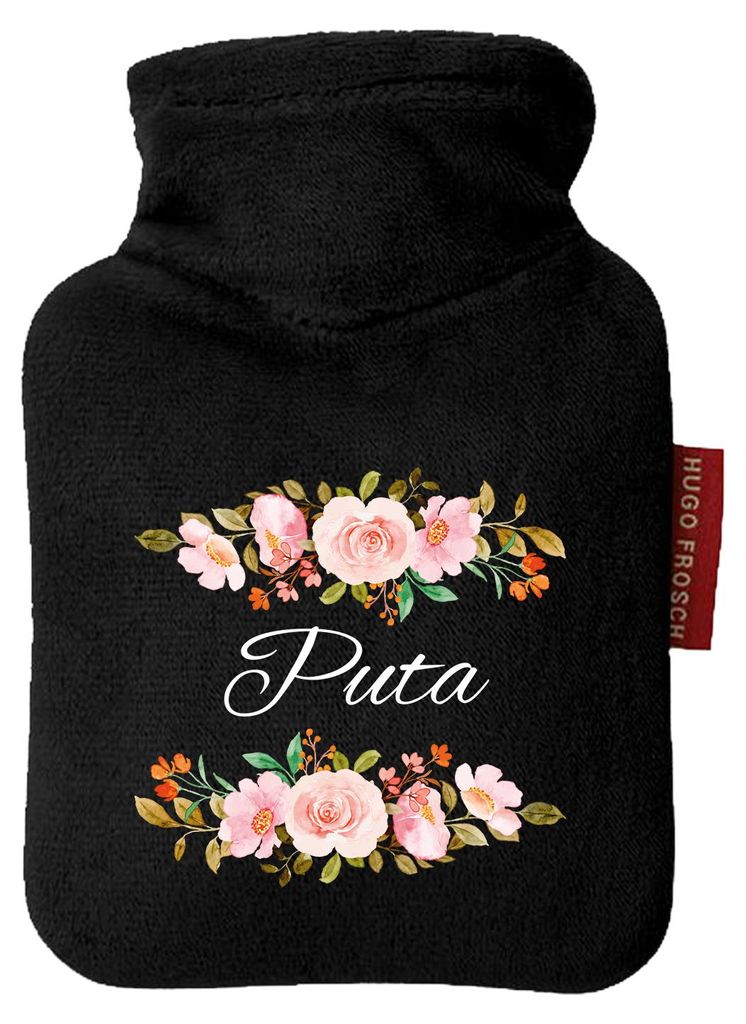 Huuraa Mini-Wärmflasche Puta spanisch Blumen 0,2 Liter Black Mini Veloursbezug Taschenwärmer Geschenkidee