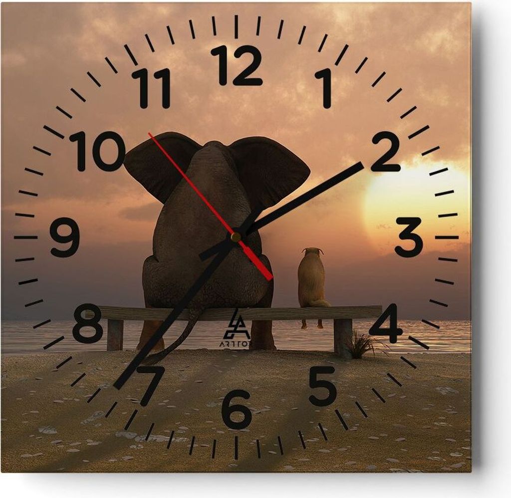 Wanduhr - Quadrat - Glasuhr - Elefant Ufer Meer - 40x40cm - Schleichendes Uhrwerk - Lautlos - zum Aufhängen bereit - Dekoration Modern - Wanddekor...