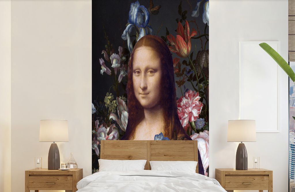 MuchoWow Fototapete für Wohnzimmer oder Schlafzimmer Wandtapete Vinyl Motivtapete Mona Lisa - Da Vinci - Blumen - 120x240 cm - Hintergrundbild