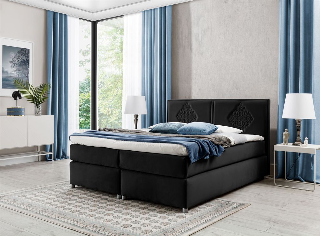 Boxspringbett Schlafzimmerbett Bett DAMIANO DELUX Stoff Schwarz 200x200cm