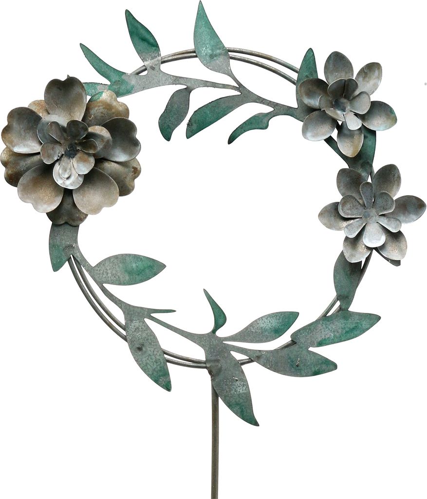 Gartenstecker Blütenkranz Metall Deko-Element für Blumenbeete, H63cm, Grün/Gold