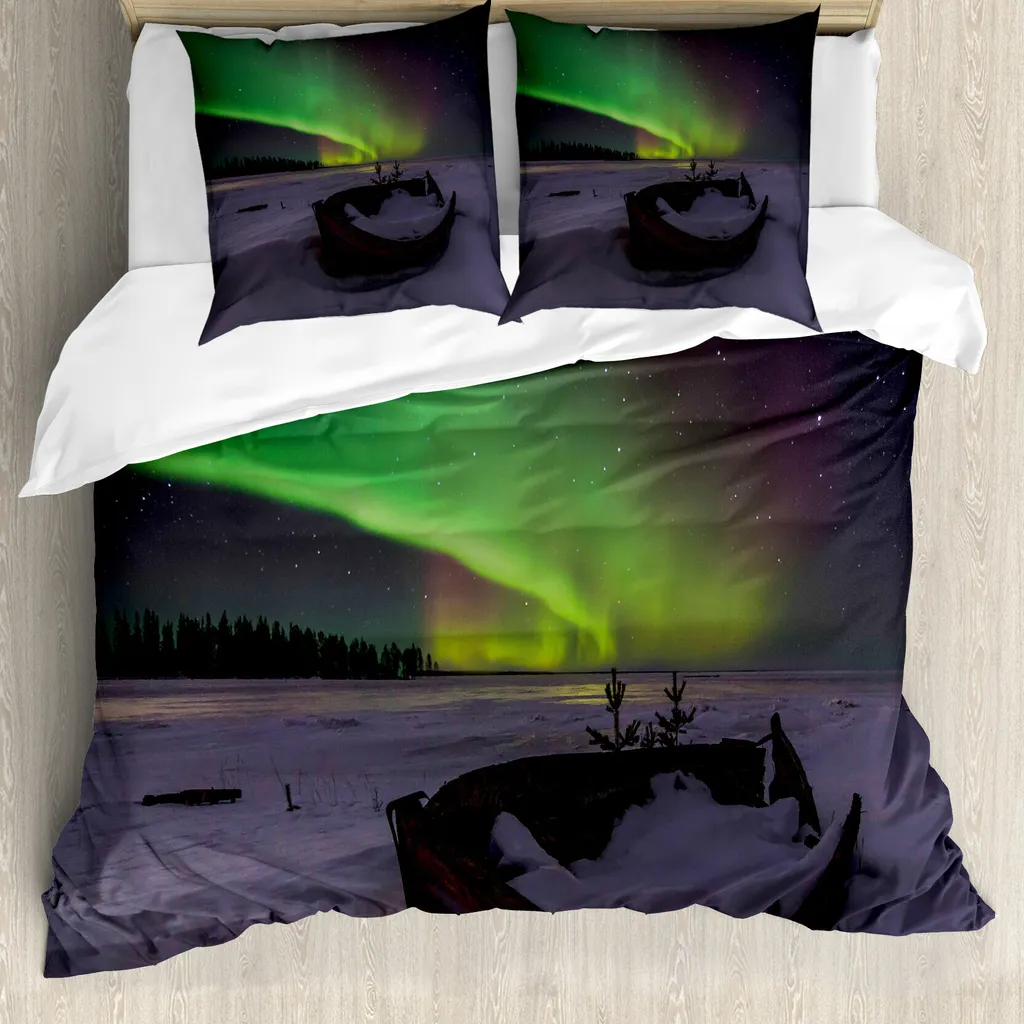ABAKUHAUS Set copripiumino Nordlicht Per letti matrimoniali, paesaggio invernale Barca di legno, antiacaro Adatto a chi soffre di allergie Con federe, viola chiaro Verde trifoglio Beige Viola scuro