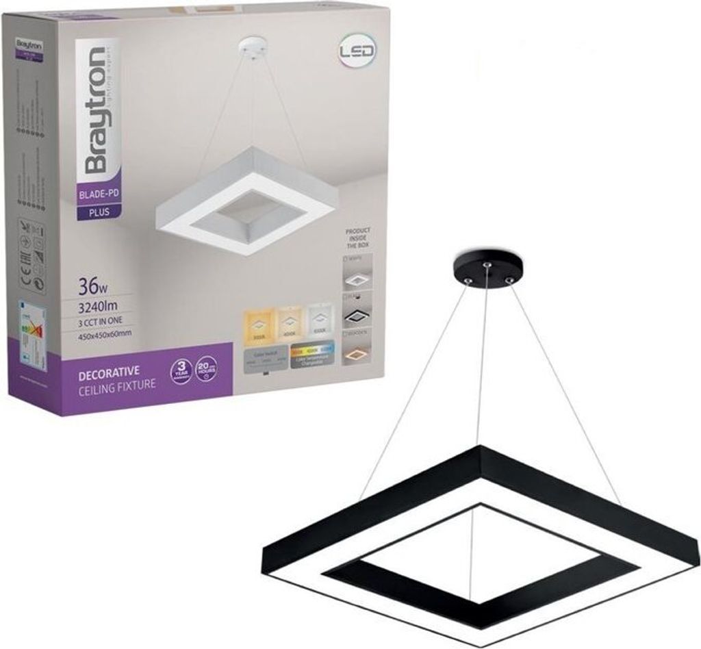 Braytron Aluminium LED Deckenleuchte BLADE PD 36W 3240 lm 45Ø Hängeleuchte 120cm Länge Eckig Schwarz