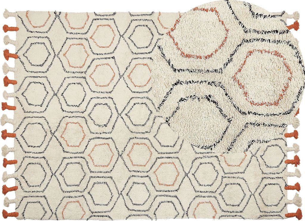 BELIANI Teppich Beige Baumwolle 160 x 230 cm Rechteckig Geometrisches Muster mit Quasten Boho Fußbodenheizug Geeignet Wohnzimmer Schlafzimmer Essz...