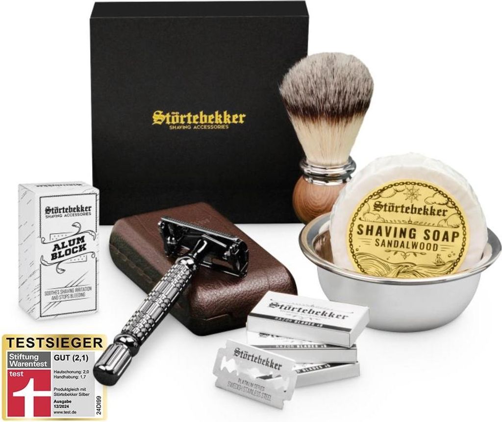 Störtebekker Premium Rasierset - Rasierhobel Schwarz – inkl. Echtlederetui (Café) - Rasierseife Sandelholz Duft - Rasurset / Bartpflege Set
