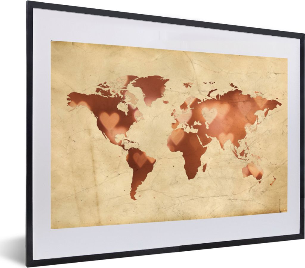 MuchoWow MuchoWow Gerahmtes Poster Weltkarte - Marmor - Herz 60x40 cm - Poster mit zchwarzem Bilderrahmen - Schlafzimmer - Plakat in Rahmen - D...