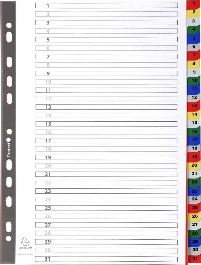 Exacompta 93E - 20 Intercalaires Numériques PP A4 Couleurs 1-31 Positions