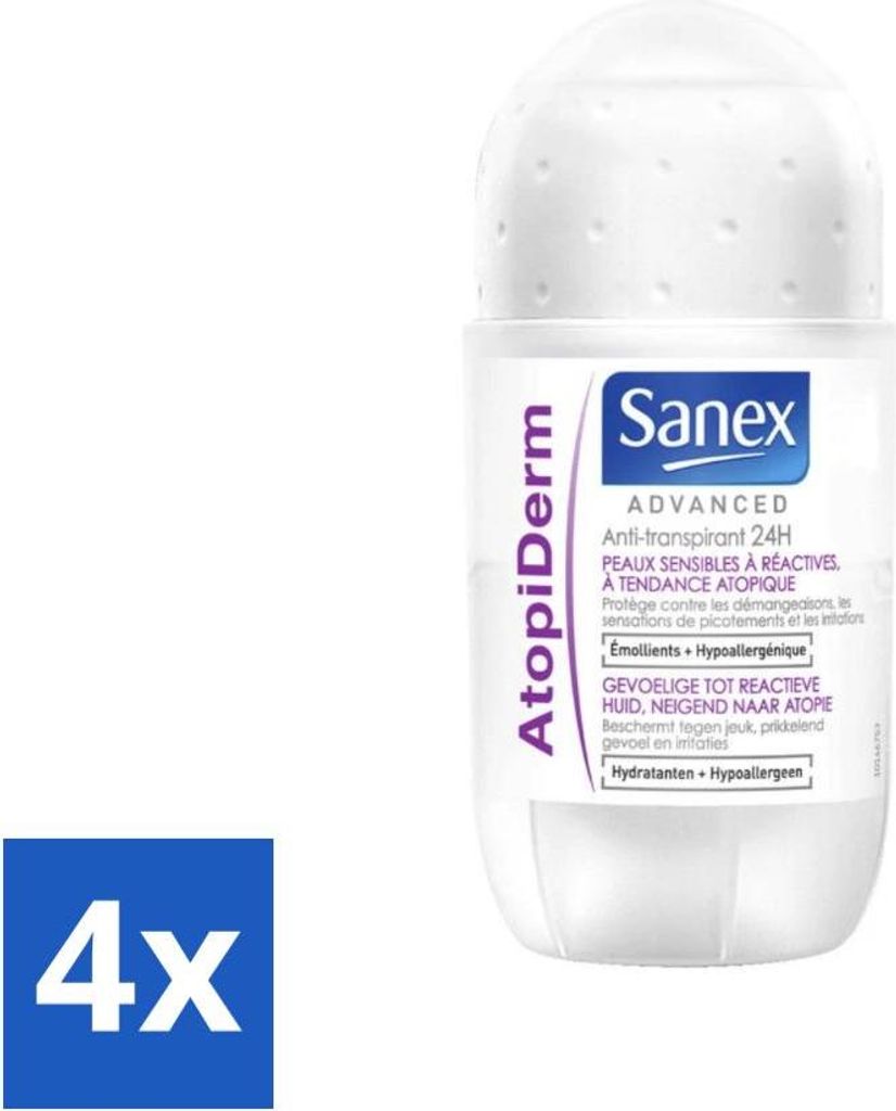 Sanex Advanced Sensitive Deodorant-Roller – 24-Stunden-Antitranspirant – Advanced Atopiderm – 50 ml - Vorteilspack - 4 Stücke