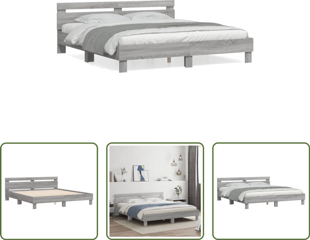 The Living Store Bettgestell mit Kopfteil Grau Sonoma 160x200 cm Holzwerkstoff