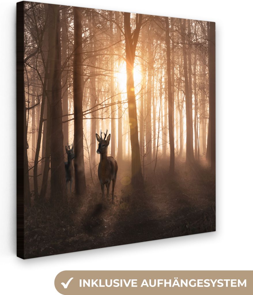 MuchoWow - Leinwandbilder - Wald - Hirsche - Sonne - Bäume - Winter - Natur - Tiere, Wandbild, Wanddeko Bilder Wohnzimmer, 20x20 cm