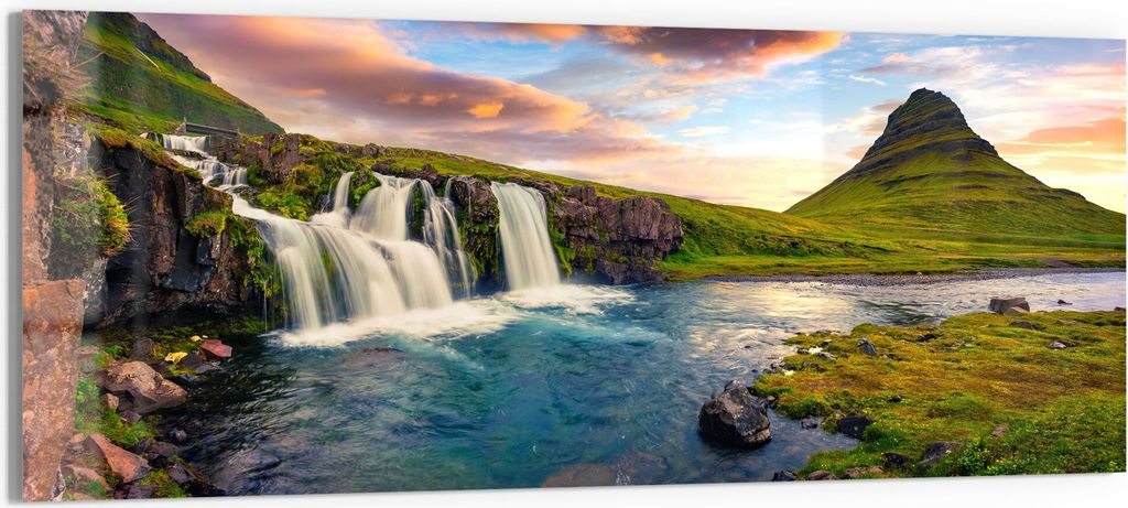 DEQORI Glasbild Echtglas 125x50 cm 'Kirchberg Wasserfall' Wandbild Bild modern Deko