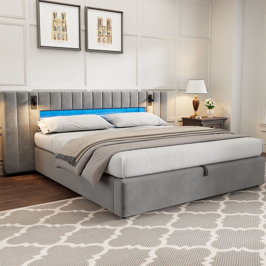 MODFU Polsterbett 180 x 200 cm mit Bettkasten und USB-Anschluss,Funktionbett mit LED-Beleuchtung,Bettgestell ohne Matratze,grau