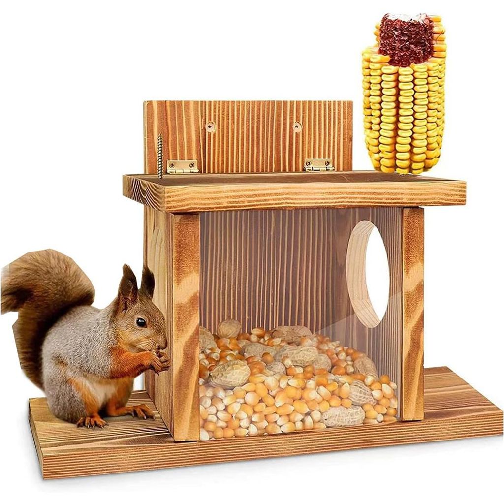 Eichhörnchen Futterhaus, mit transparenten Acryloberfläche, Holz Futterstation Futterhäuschen für Eichhörnchen, Futterbox mit Maishalter