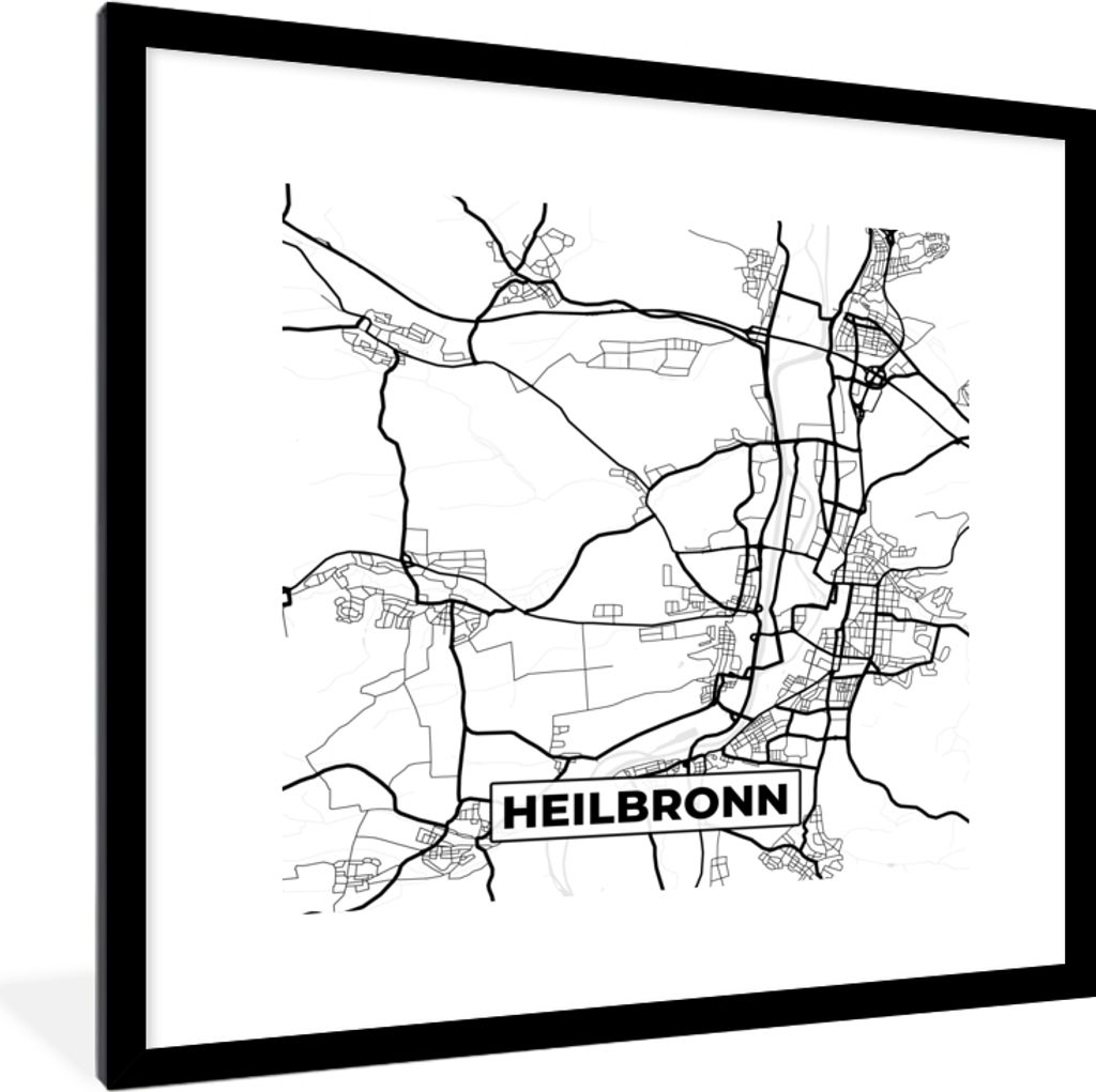 MuchoWow Gerahmtes Poster Heilbronn - Karte - Stadtplan - Wegbeschreibung 40x40 cm - Poster mit Schwarzem Bilderrahmen Wandposter Rahmen Foto Bil...