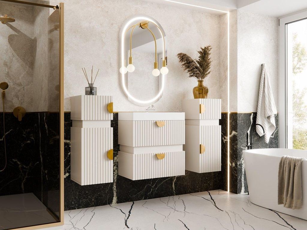 MONCLERO GF1 |Badezimmermöbel Set TAMO 2 Kaschmir Matt Gold – Waschtisch 60 cm + 2x Hängeschrank 80 cm 3-teilig