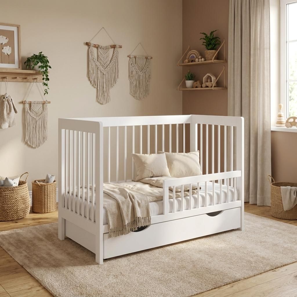 Weiß Babybett,Gitterbet mit Shublade 120x60cm, Umwandelbar Produktbild  KI-generiertes Bild