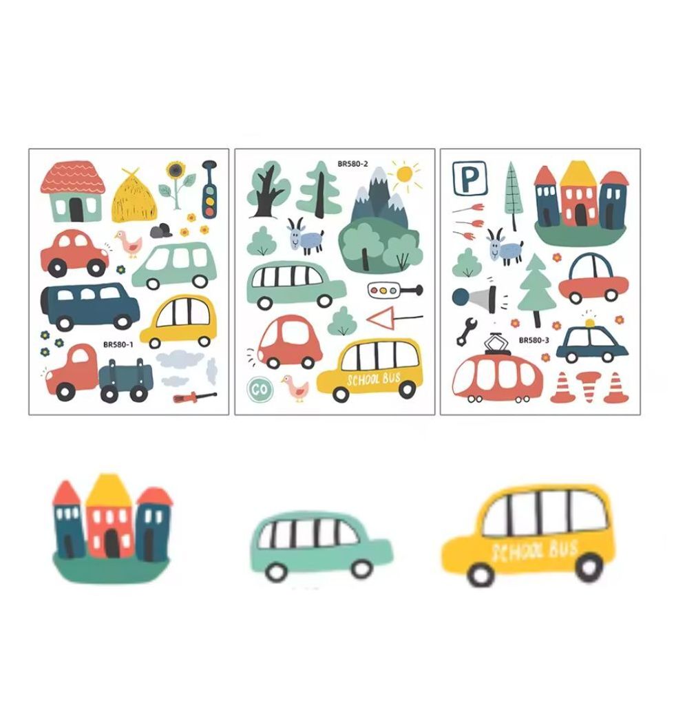3-teiliges Wandsticker Set mit Auto, Häusern & Bäumen für Kinderzimmer