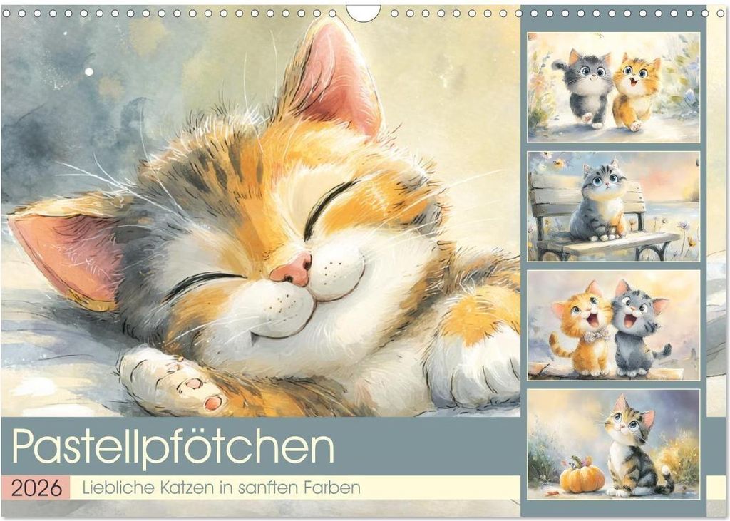 Pastellpfötchen. Liebliche Katzen in sanften Farben (Wandkalender 2026 DIN A3 quer), CALVENDO Monatskalender